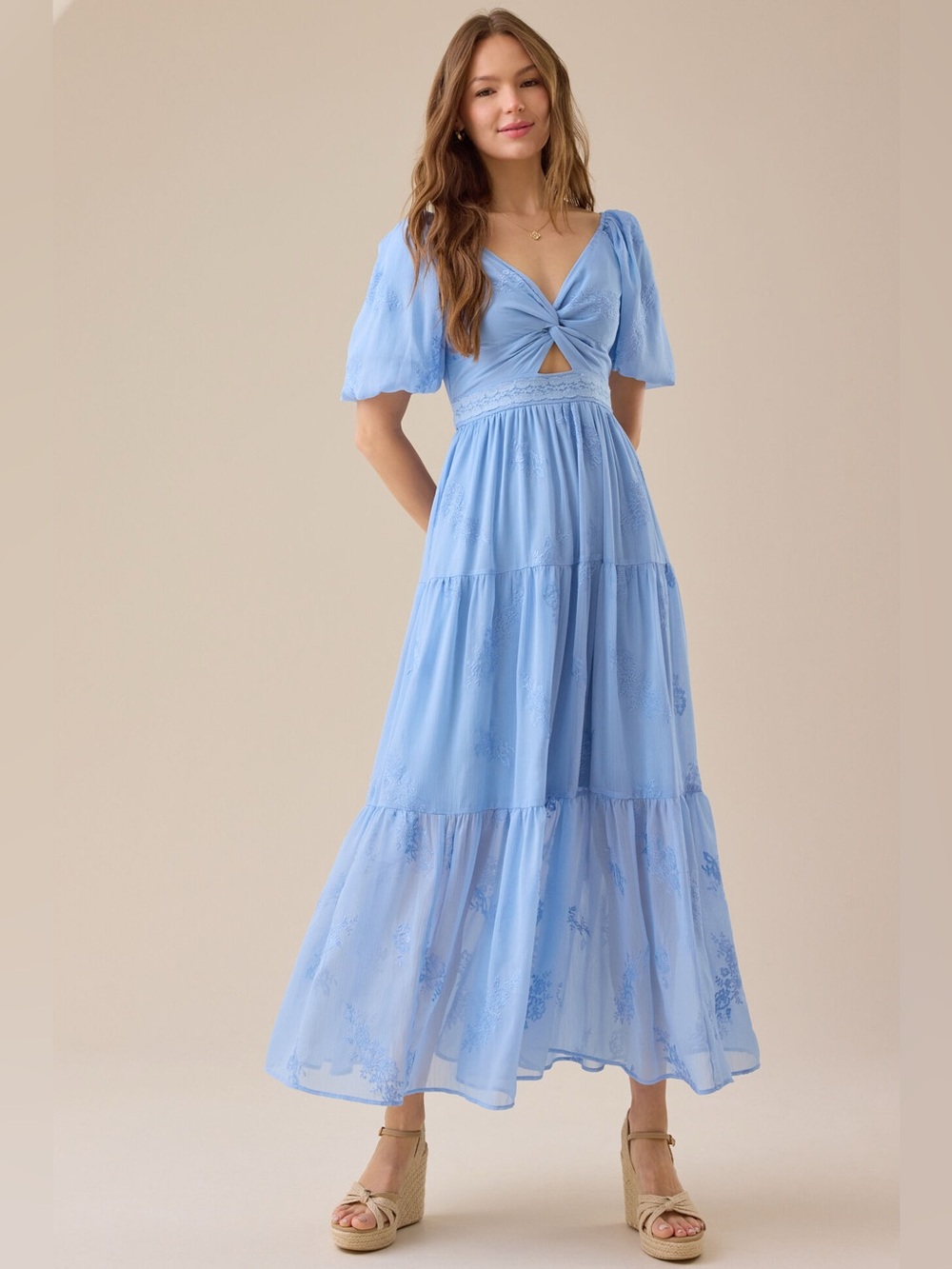 Altar'd State Dani Floral Maxi Dress Blue Floral Embroidered twist-front size XS
